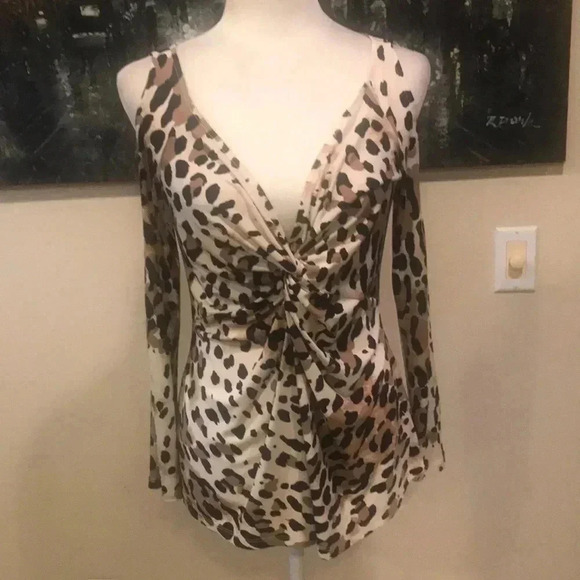 BOSTON PROPER Brown Animal Print Twist Front Cold Shoulder Long Sleeve Top-S - Picture 1 of 10